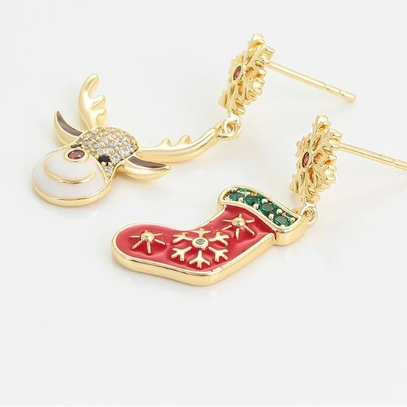 Christmas Bracelet and Earrings Set 14k Gold Christmas Deer Socks - Picture 2 of 13